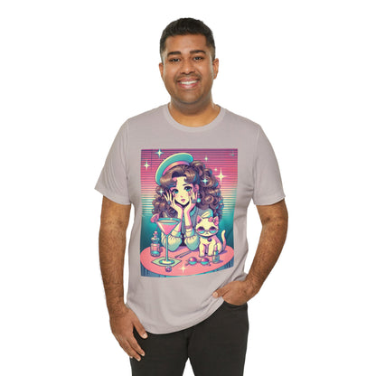 Retro Girl and Cat Graphic Tee Vaporwave Pastel Aesthetic Cocktail Lounge 80s Inspired Shoujo Style T Shirt Gift for Daughter or Dad