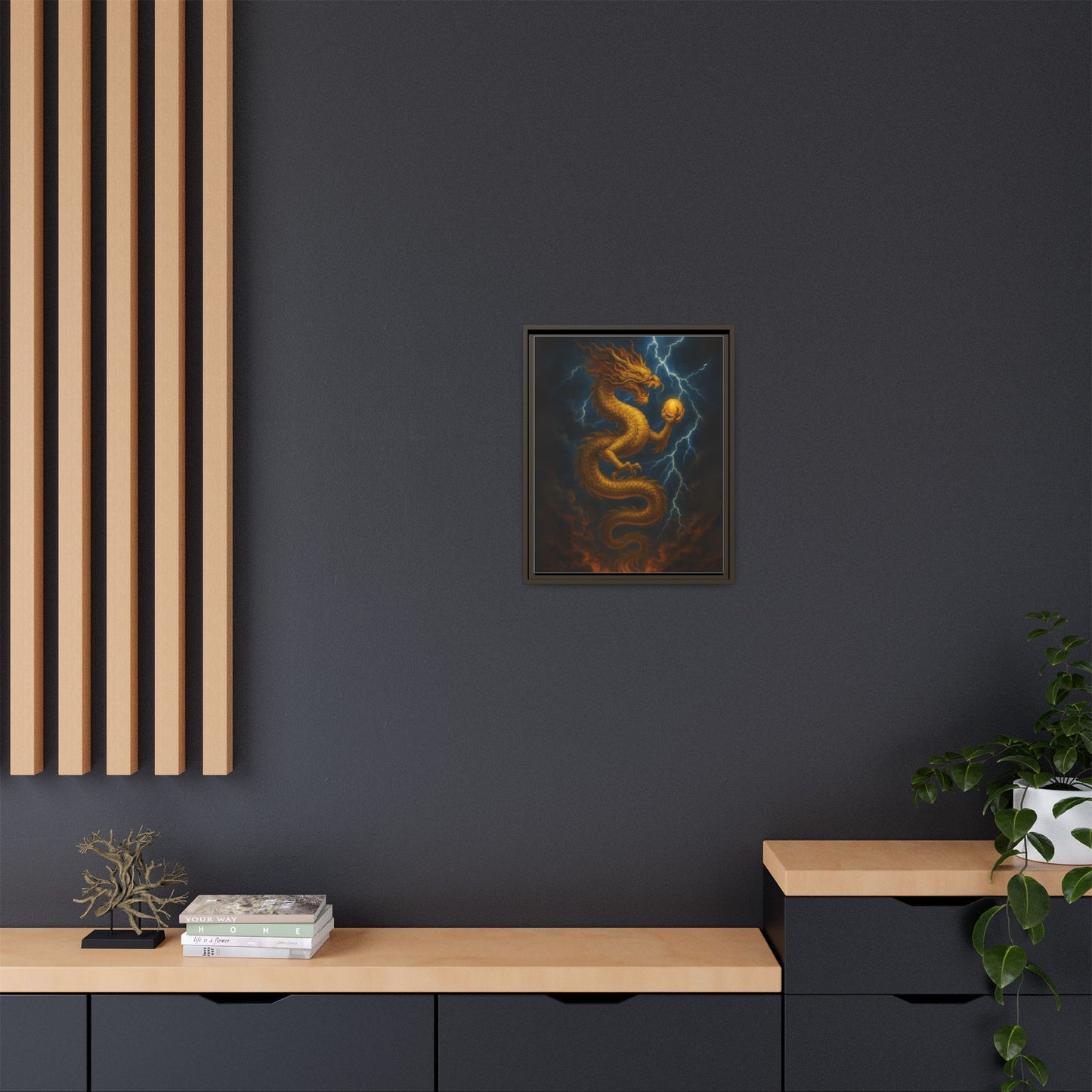 Golden Dragon Canvas Feng Shui Wall Art Lightning Storm Dragon with Pearl Good Luck Decor Gift for Dad Office Living Room