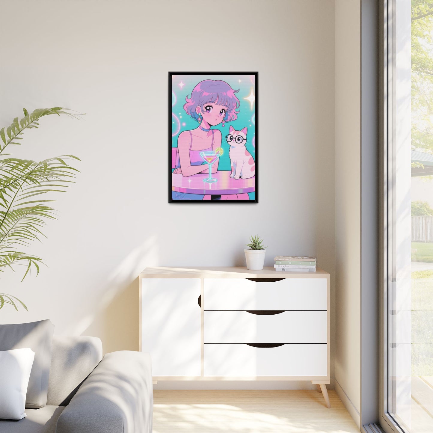 Anime Girl and Cat Canvas Pastel Neon Retro Shoujo Wall Art Kawaii Cocktail Aesthetic Gift for Daughter or Dad