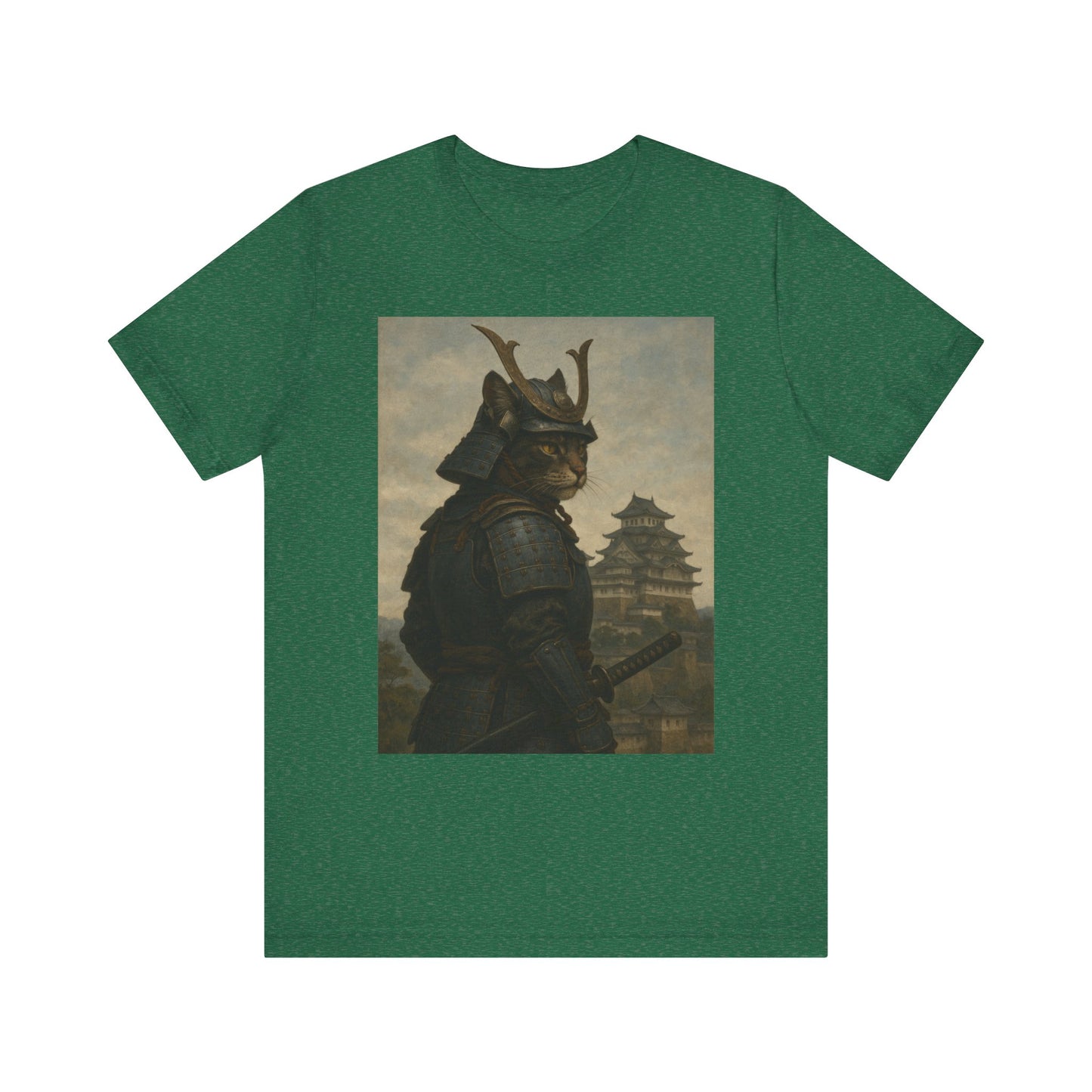 Cat Samurai Vigil Tee | Armored Feline Warrior w/ Castle Backdrop | Japanese Art Unisex Shirt