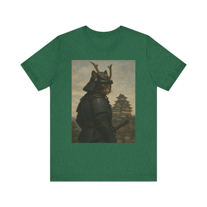 Cat Samurai Vigil Tee | Armored Feline Warrior w/ Castle Backdrop | Japanese Art Unisex Shirt
