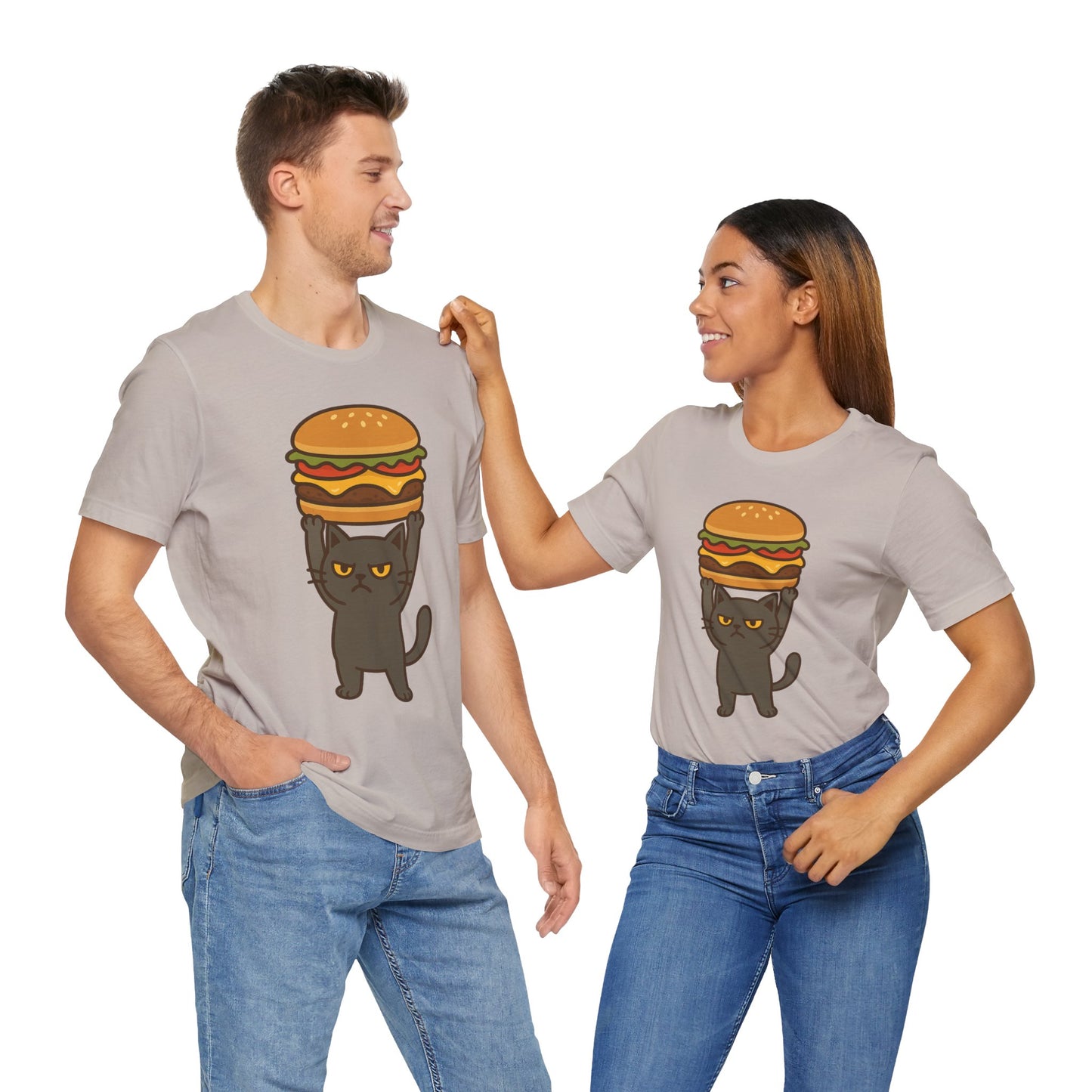 "Hanba-nyaa~" Cute Japanese Cat T-Shirt – Funny Burger & Cat Design – Kawaii Style Unisex Tee – Gift for Food & Cat Lovers