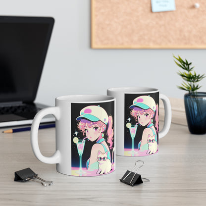 Retro Girl and Cat Mug Vaporwave Pastel Anime Shoujo Coffee Cup Neon Cocktail Aesthetic Kawaii Gift for Daughter or Dad Office Desk