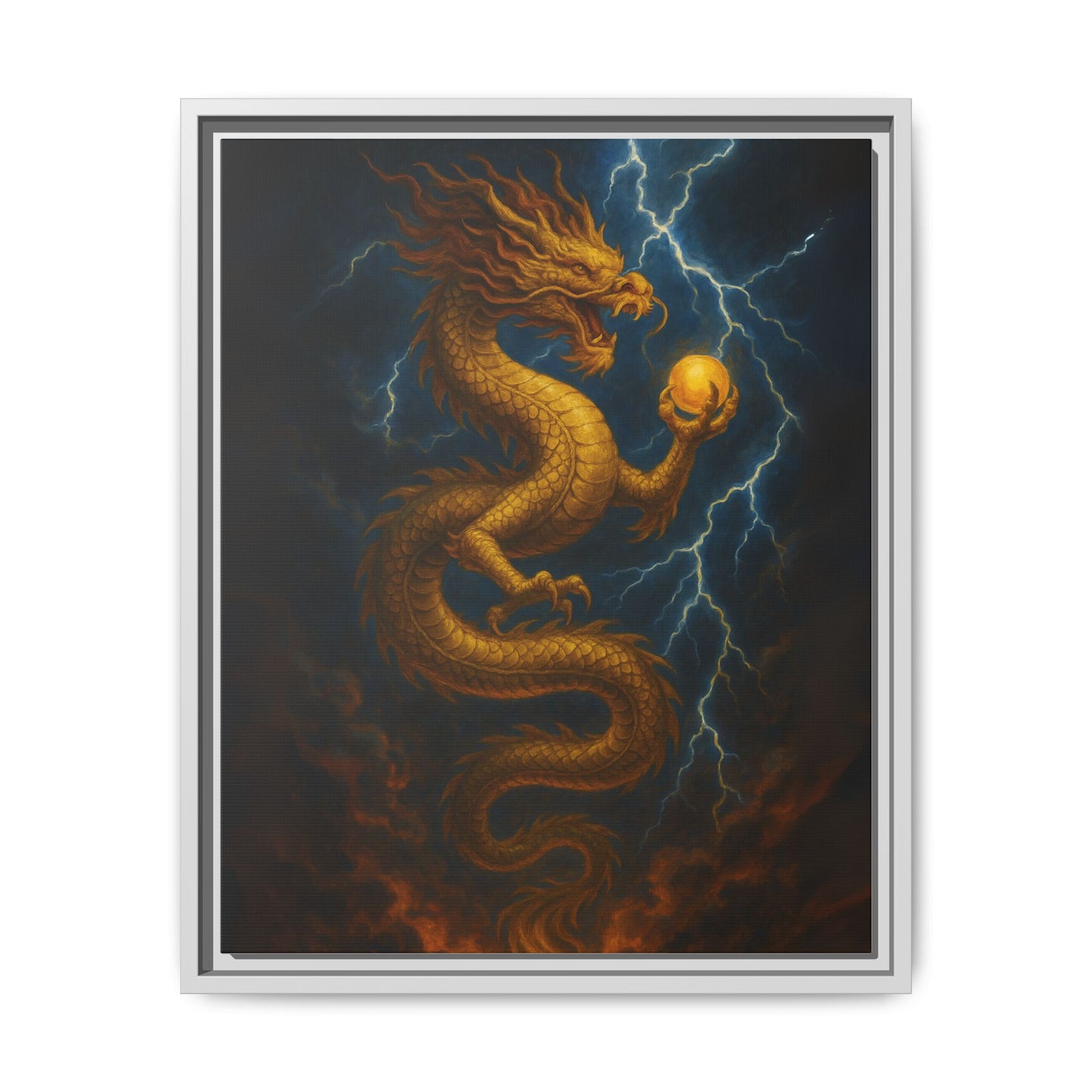 Golden Dragon Canvas Feng Shui Wall Art Lightning Storm Dragon with Pearl Good Luck Decor Gift for Dad Office Living Room