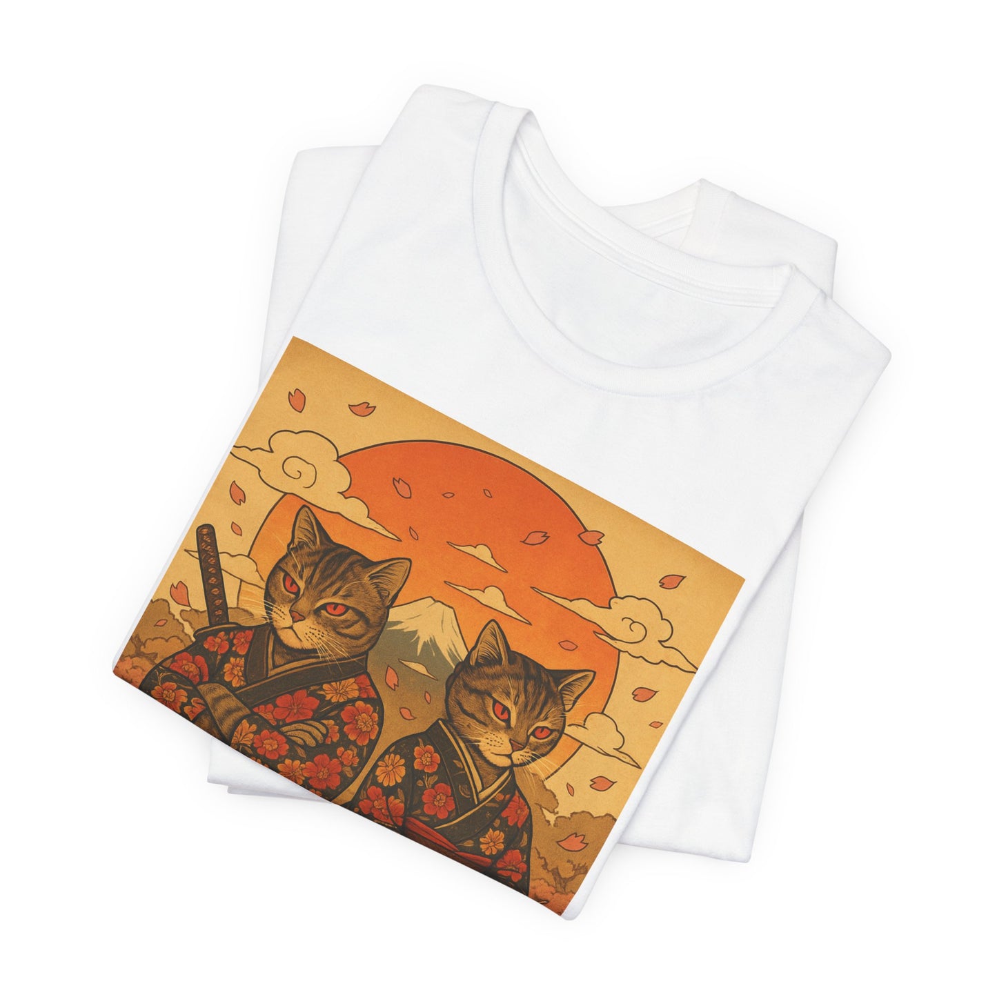 Samurai Cat T-Shirt - Floral Kimono Warrior with Katana | Japanese Ukiyo-e Style, Cherry Blossoms & Mount Fuji | Bold Cat Art Tee