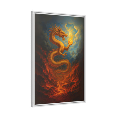 Golden Dragon Canvas Feng Shui Wall Art Asian Myth Painting Fire and Cloud Temple Inspired Good Luck Decor Gift for Dad