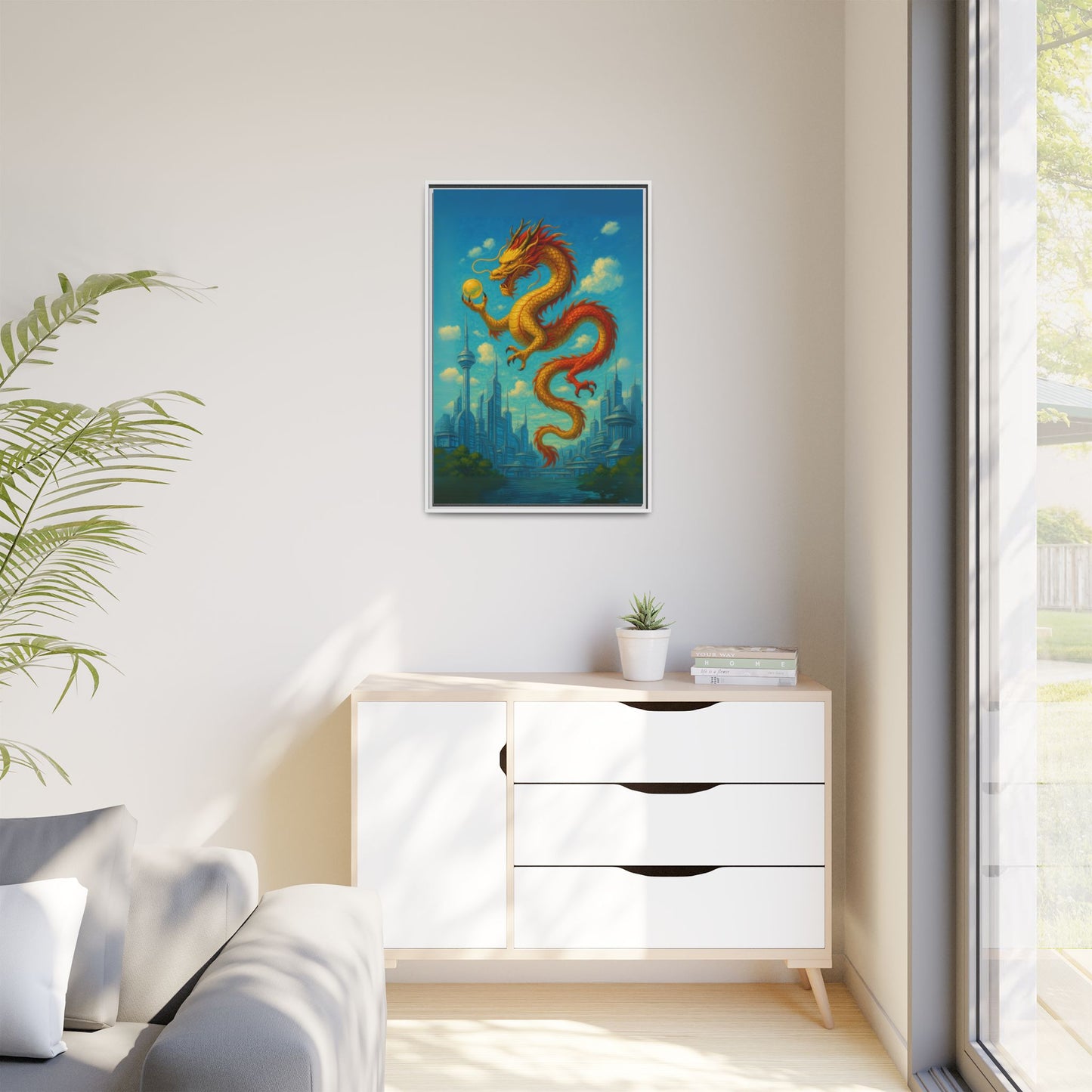 Neo Tokyo Golden Dragon Canvas Japan Inspired Futuristic Skyline Painting Feng Shui Good Luck Decor Dragon Pearl Gift for Dad