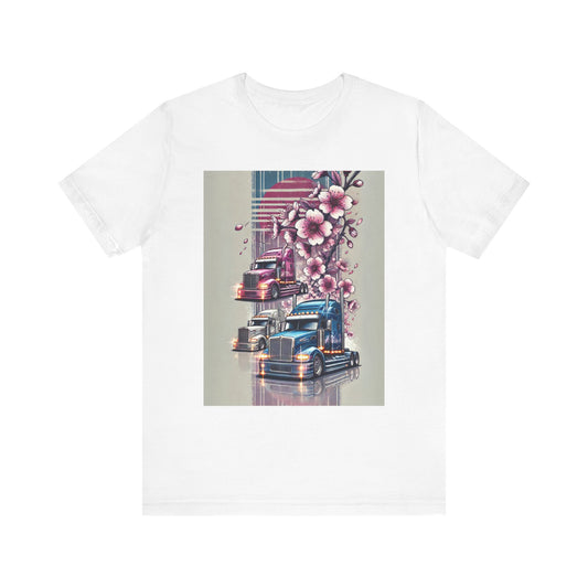 Cherry Blossom Convoy T-Shirt | Japanese Sakura x Modern Truck Art | Unique Graphic Tee for Drivers & Streetwear Lovers No.004