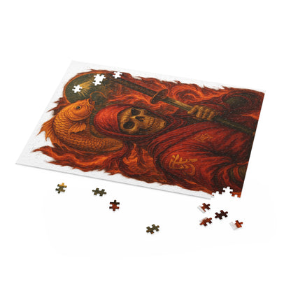 Dark Ninja Skull Puzzle-Gothic Japanese Horror Art, Golden Koi & Fire, High-Detail Mystery Warrior Jigsaw for Adults, Unique Gift Idea