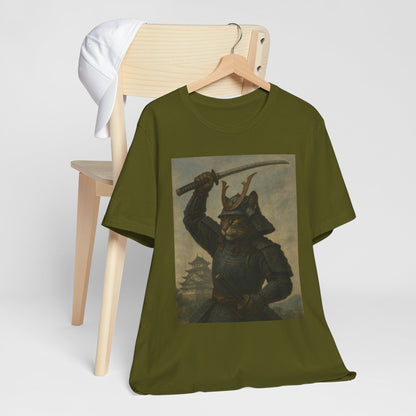 Cat Samurai Strike Tee | Epic Armored Feline Raising Katana | Japanese Warrior Art Unisex Shirt