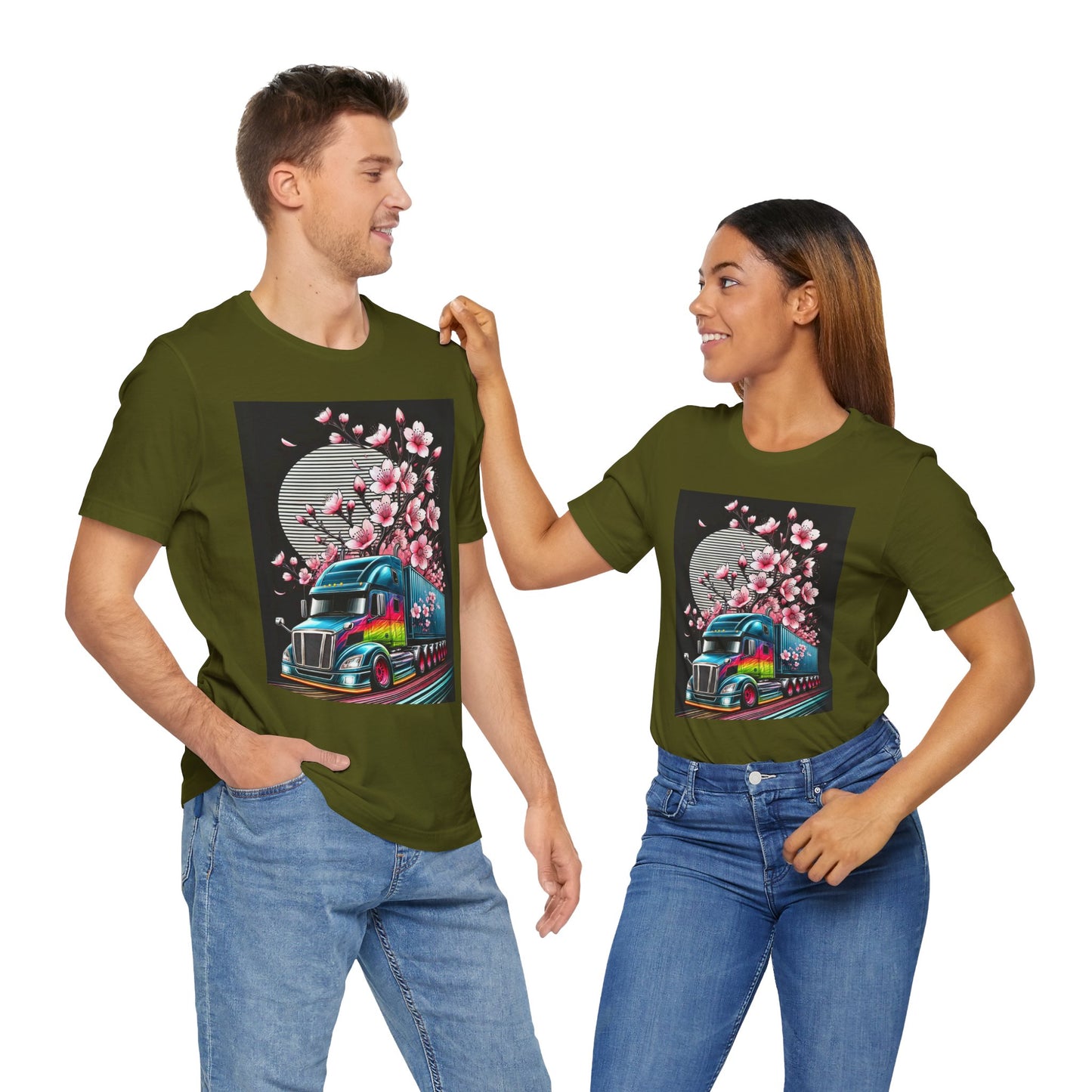 Cherry Blossom Convoy T-Shirt | Japanese Sakura x Modern Truck Art | Unique Graphic Tee for Drivers & Streetwear Lovers No.003