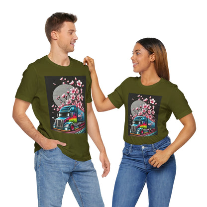 Cherry Blossom Convoy T-Shirt | Japanese Sakura x Modern Truck Art | Unique Graphic Tee for Drivers & Streetwear Lovers No.003