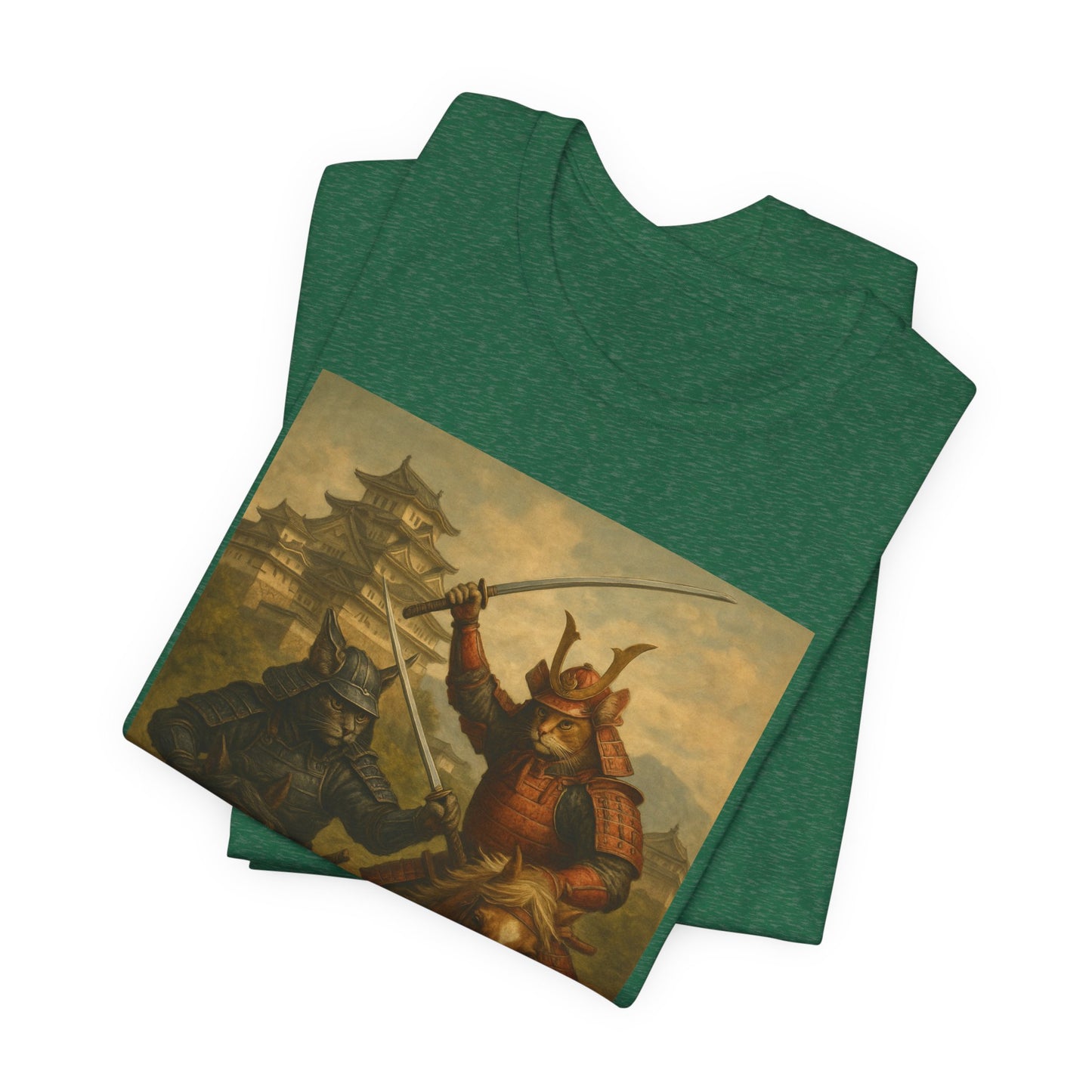 Epic Cat Samurai Battle Tee - War Horses Clash in Front of Japanese Castle  Feline Warrior Art Shirt for Fantasy & Japan Lovers