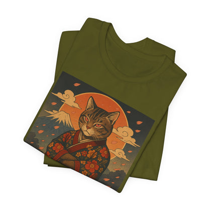 Samurai Cat T-Shirt - Floral Kimono Warrior with Katana | Japanese Ukiyo-e Style, Cherry Blossoms & Mount Fuji | Bold Cat Art Tee
