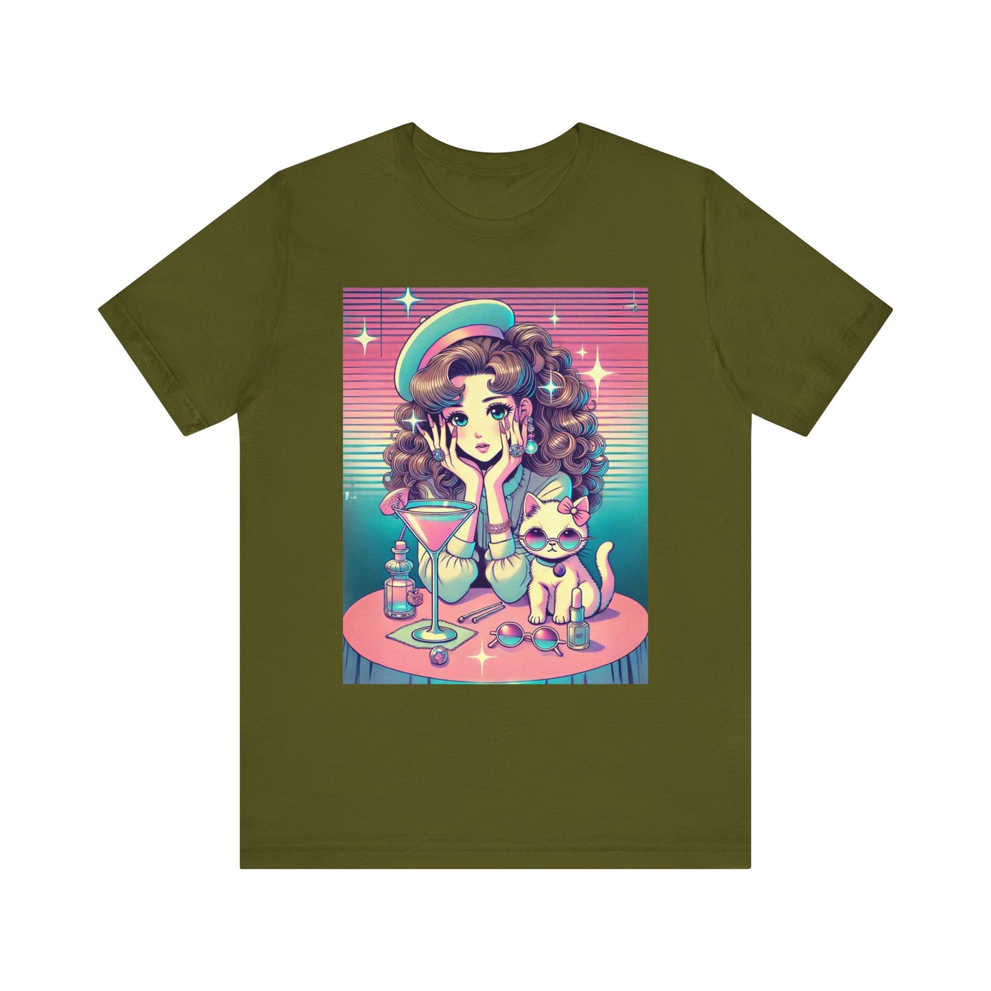 Retro Girl and Cat Graphic Tee Vaporwave Pastel Aesthetic Cocktail Lounge 80s Inspired Shoujo Style T Shirt Gift for Daughter or Dad