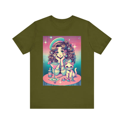 Retro Girl and Cat Graphic Tee Vaporwave Pastel Aesthetic Cocktail Lounge 80s Inspired Shoujo Style T Shirt Gift for Daughter or Dad