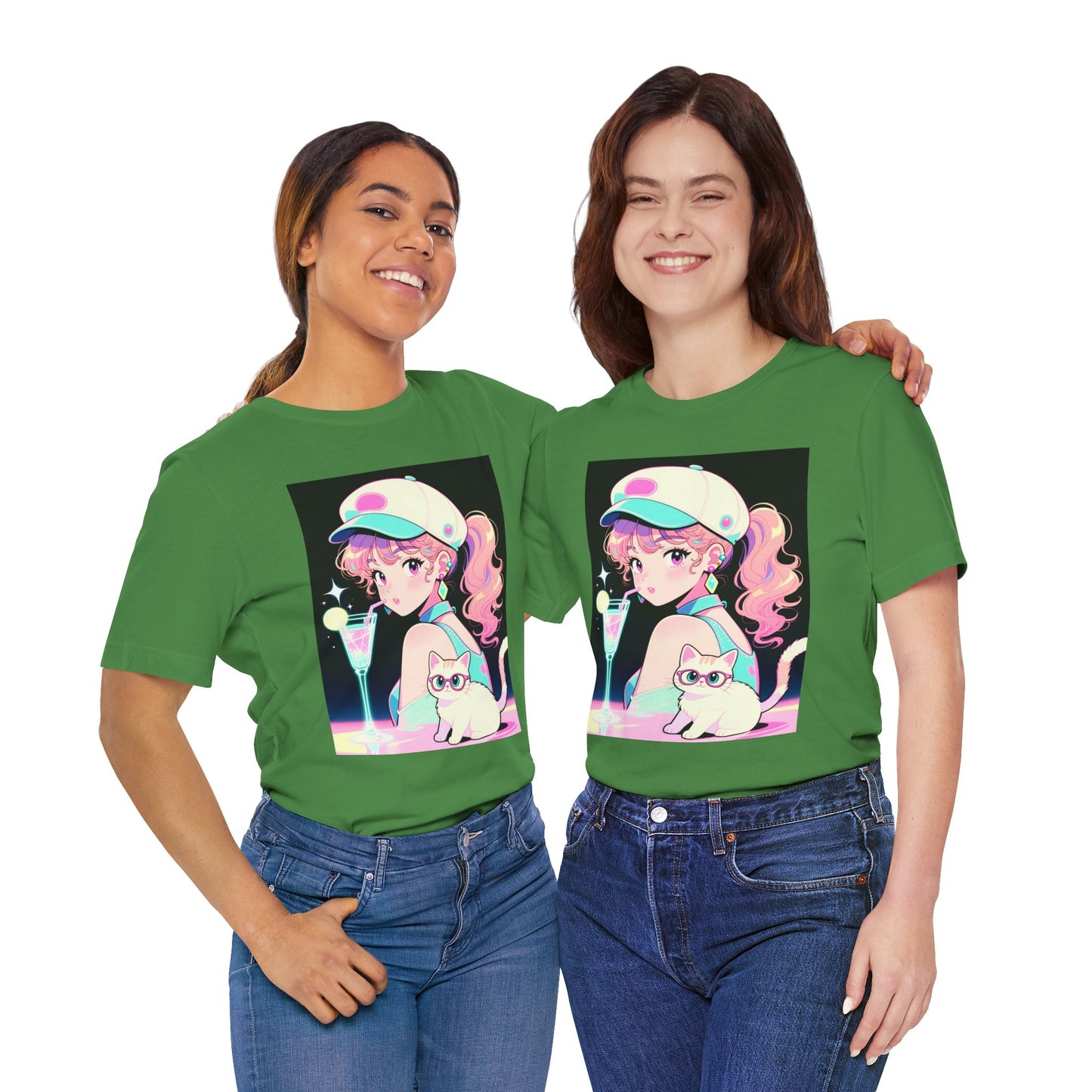 Retro Girl and Cat T Shirt Vaporwave Pastel Anime Shoujo Graphic Tee Neon Cocktail Aesthetic Kawaii Gift for Daughter or Dad Casual Streetwear