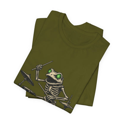Skeleton Frog Drummer Shirt with Glowing Green Eyes Rock Band Art Tee for Musicians Frog Lovers Halloween and Concert Wear