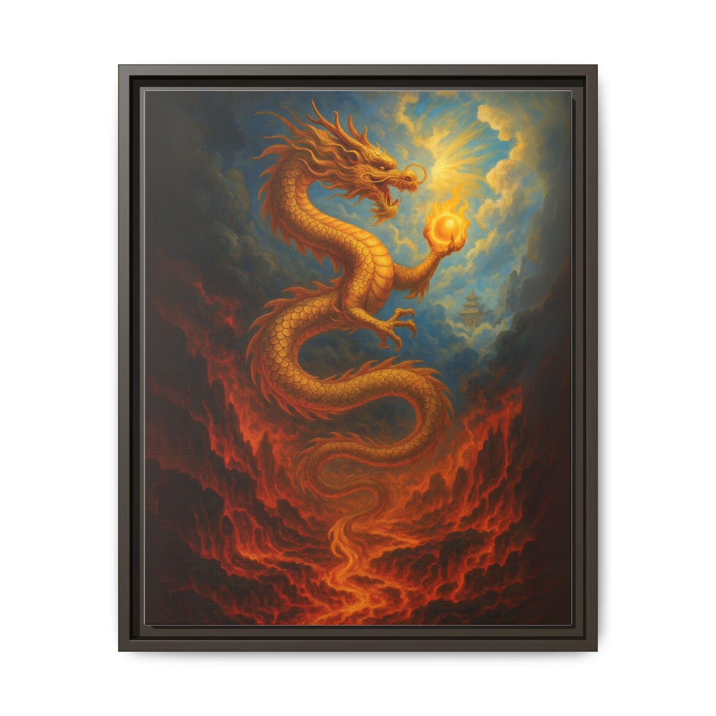 Golden Dragon Canvas Feng Shui Wall Art Asian Myth Painting Fire and Cloud Temple Inspired Good Luck Decor Gift for Dad