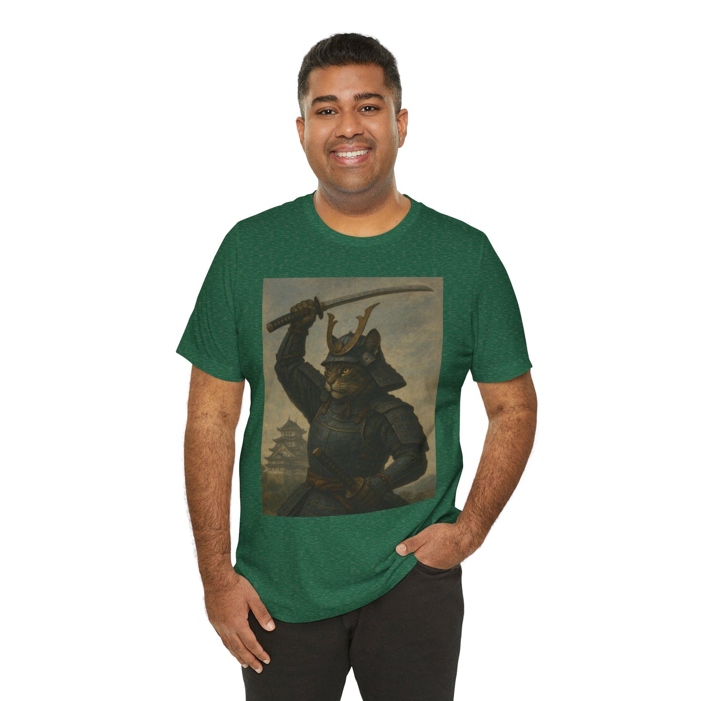 Cat Samurai Strike Tee | Epic Armored Feline Raising Katana | Japanese Warrior Art Unisex Shirt