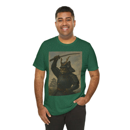 Cat Samurai Strike Tee | Epic Armored Feline Raising Katana | Japanese Warrior Art Unisex Shirt