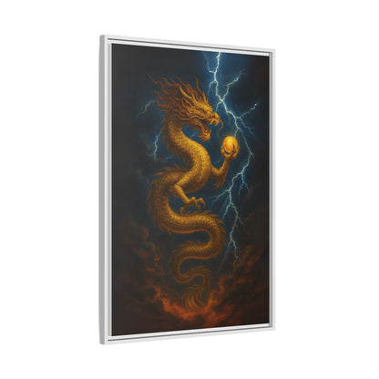 Golden Dragon Canvas Feng Shui Wall Art Lightning Storm Dragon with Pearl Good Luck Decor Gift for Dad Office Living Room