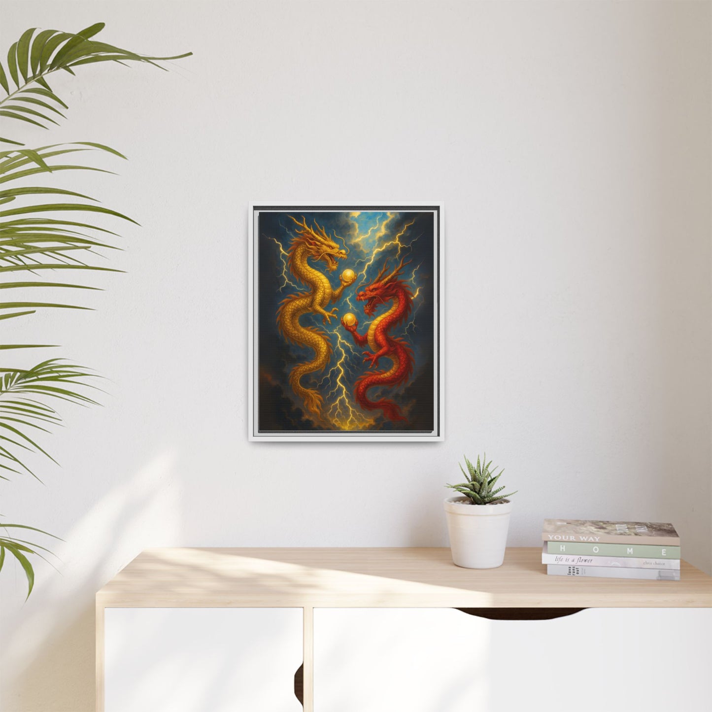 Golden and Red Twin Dragons Canvas Feng Shui Wall Art Lightning Storm Dragon Pearl Good Luck Decor Gift for Dad Living Room