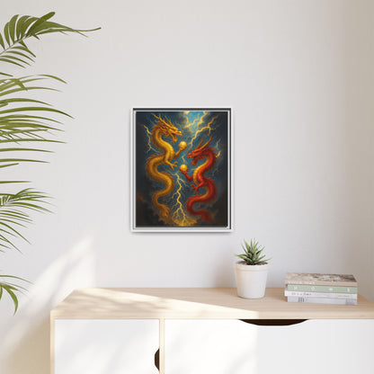 Golden and Red Twin Dragons Canvas Feng Shui Wall Art Lightning Storm Dragon Pearl Good Luck Decor Gift for Dad Living Room