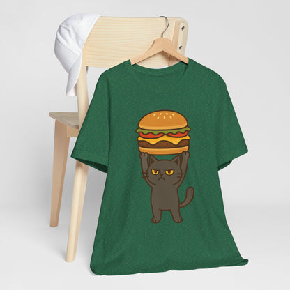 "Hanba-nyaa~" Cute Japanese Cat T-Shirt – Funny Burger & Cat Design – Kawaii Style Unisex Tee – Gift for Food & Cat Lovers