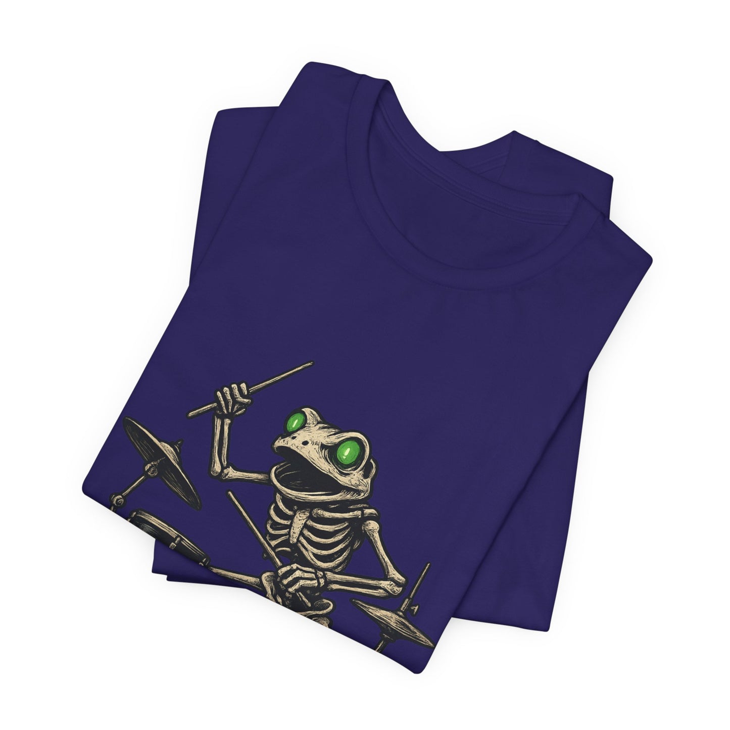 Skeleton Frog Drummer Shirt with Glowing Green Eyes Rock Band Art Tee for Musicians Frog Lovers Halloween and Concert Wear