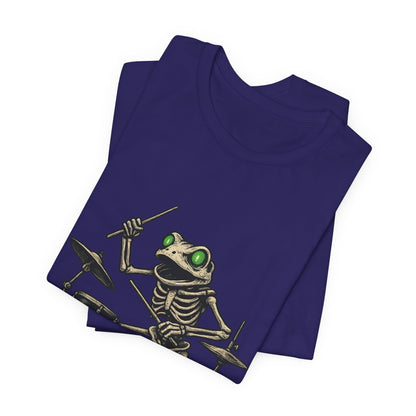 Skeleton Frog Drummer Shirt with Glowing Green Eyes Rock Band Art Tee for Musicians Frog Lovers Halloween and Concert Wear