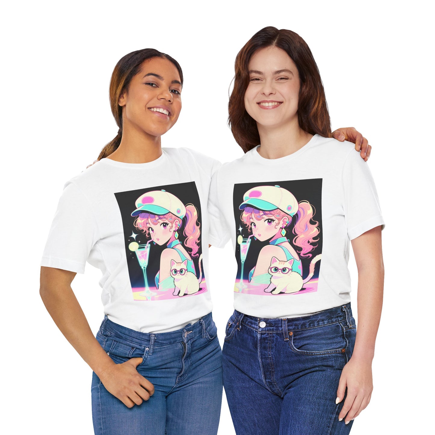 Retro Girl and Cat T Shirt Vaporwave Pastel Anime Shoujo Graphic Tee Neon Cocktail Aesthetic Kawaii Gift for Daughter or Dad Casual Streetwear
