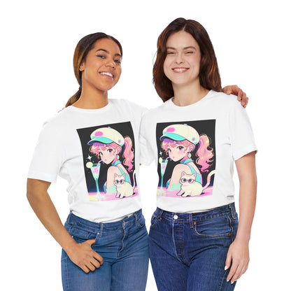 Retro Girl and Cat T Shirt Vaporwave Pastel Anime Shoujo Graphic Tee Neon Cocktail Aesthetic Kawaii Gift for Daughter or Dad Casual Streetwear