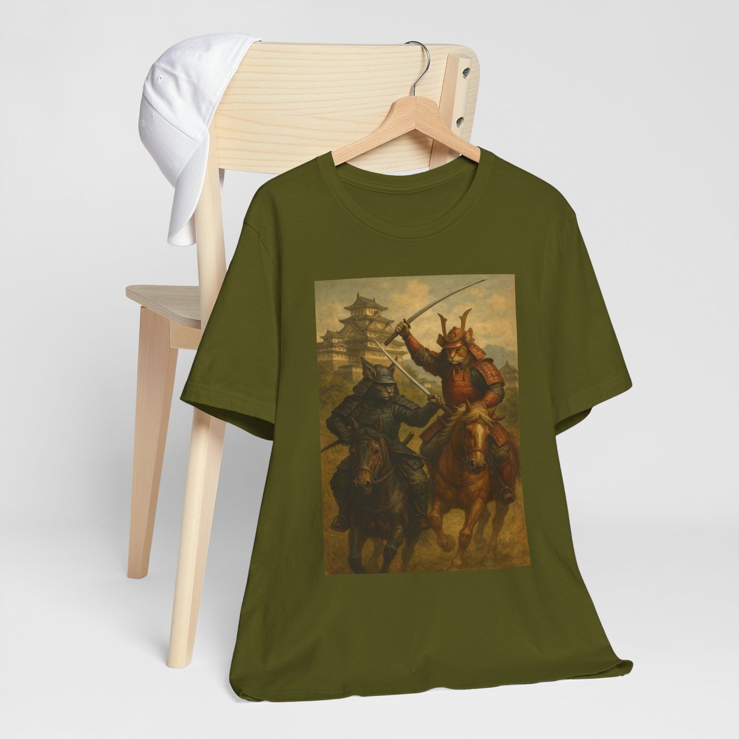 Epic Cat Samurai Battle Tee - War Horses Clash in Front of Japanese Castle  Feline Warrior Art Shirt for Fantasy & Japan Lovers
