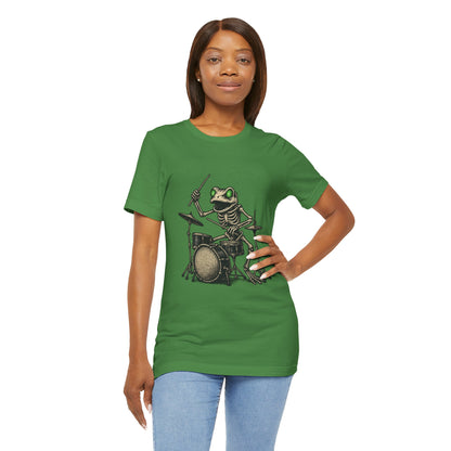 Skeleton Frog Drummer Shirt with Glowing Green Eyes Rock Band Art Tee for Musicians Frog Lovers Halloween and Concert Wear