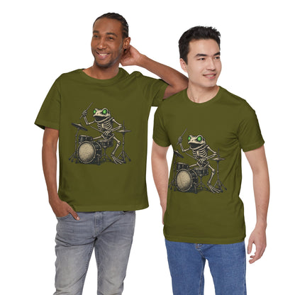 Skeleton Frog Drummer Shirt with Glowing Green Eyes Rock Band Art Tee for Musicians Frog Lovers Halloween and Concert Wear