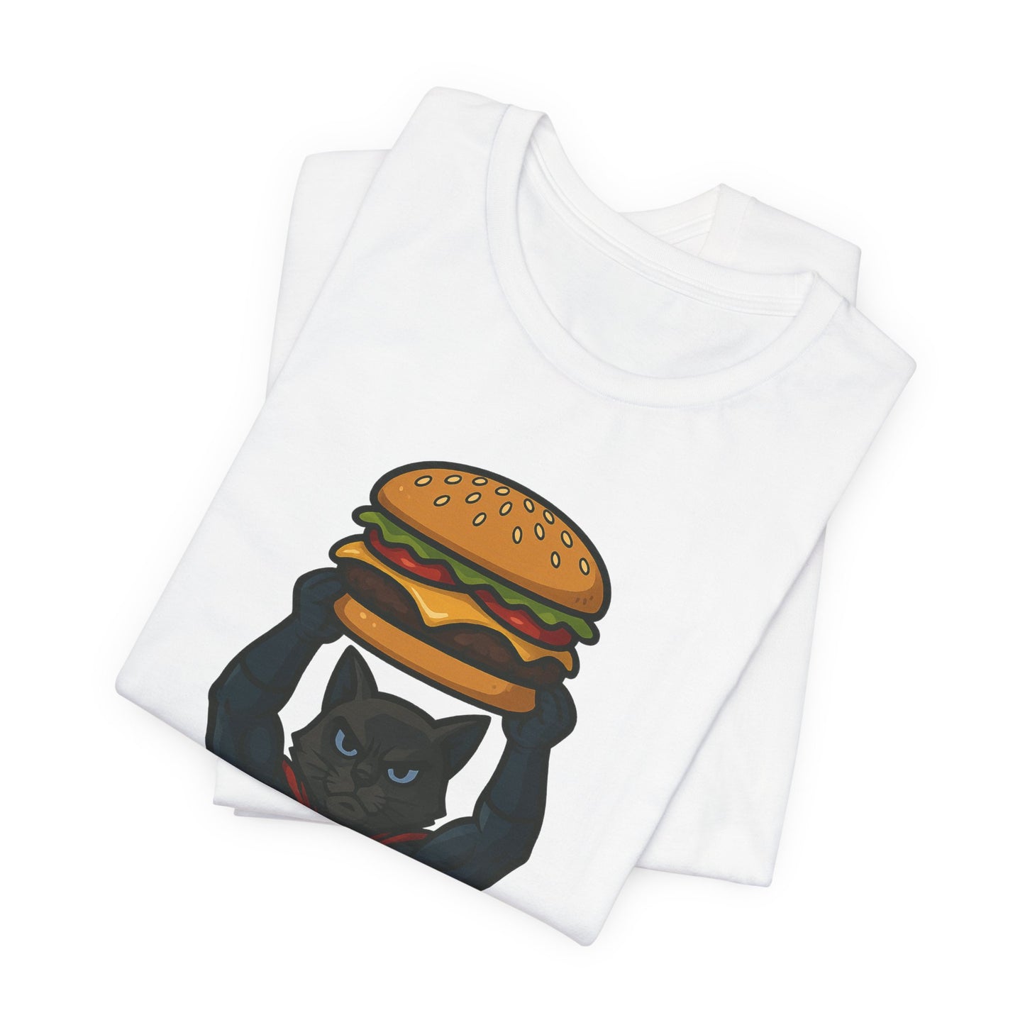 Superhero Cat Holding Cheeseburger T-Shirt - Funny Comic Style Tee for Burger Lovers - Unique Hero Cat Graphic Shirt - Unisex Gift