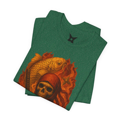 i, High-Detail Gothic Warrior TeDark Red Ninja Skull T-Shirt-Japanese Horror Art, Skeleton Ninja with Golden Koe, Unisex Streetwear