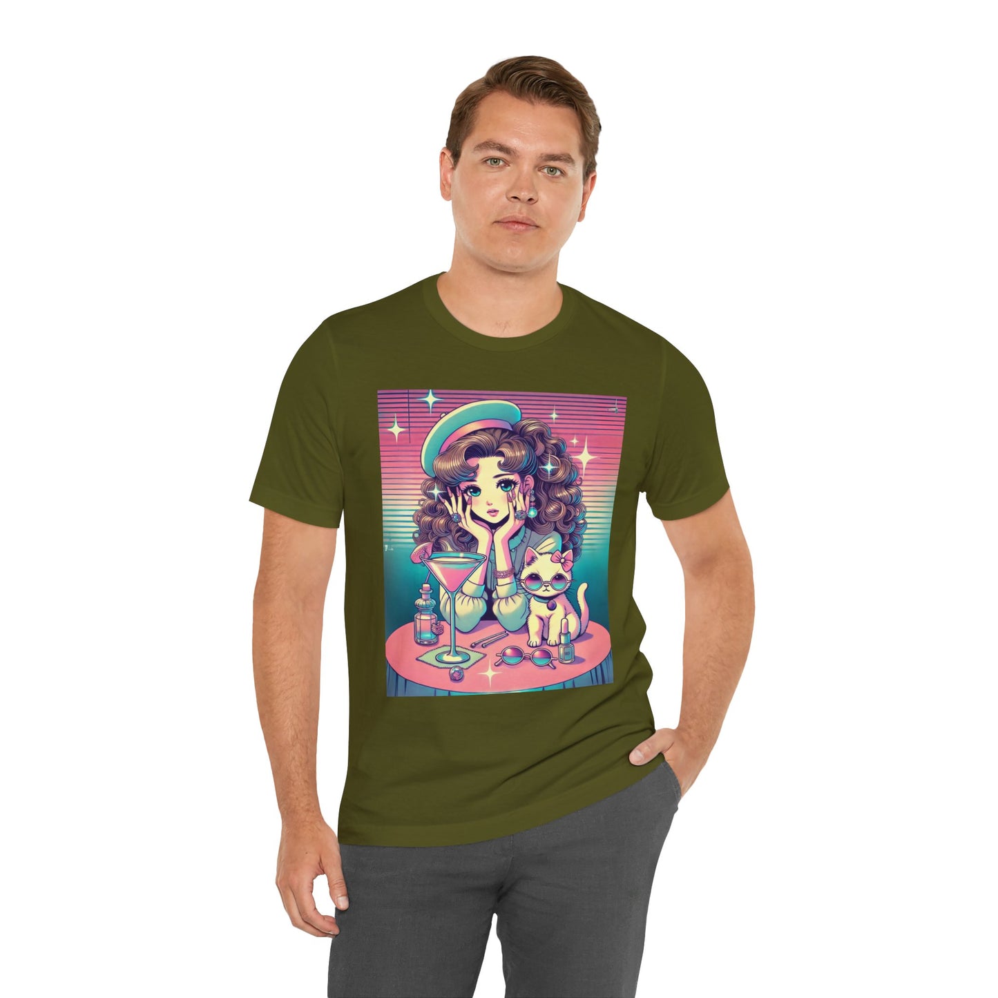 Retro Girl and Cat Graphic Tee Vaporwave Pastel Aesthetic Cocktail Lounge 80s Inspired Shoujo Style T Shirt Gift for Daughter or Dad