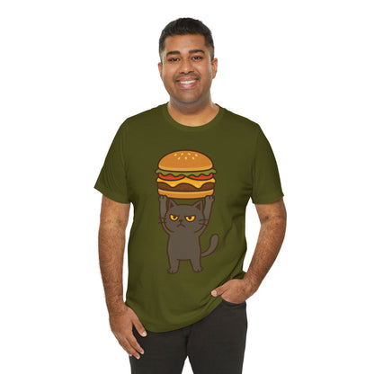 "Hanba-nyaa~" Cute Japanese Cat T-Shirt – Funny Burger & Cat Design – Kawaii Style Unisex Tee – Gift for Food & Cat Lovers
