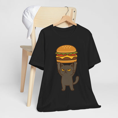 "Hanba-nyaa~" Cute Japanese Cat T-Shirt – Funny Burger & Cat Design – Kawaii Style Unisex Tee – Gift for Food & Cat Lovers