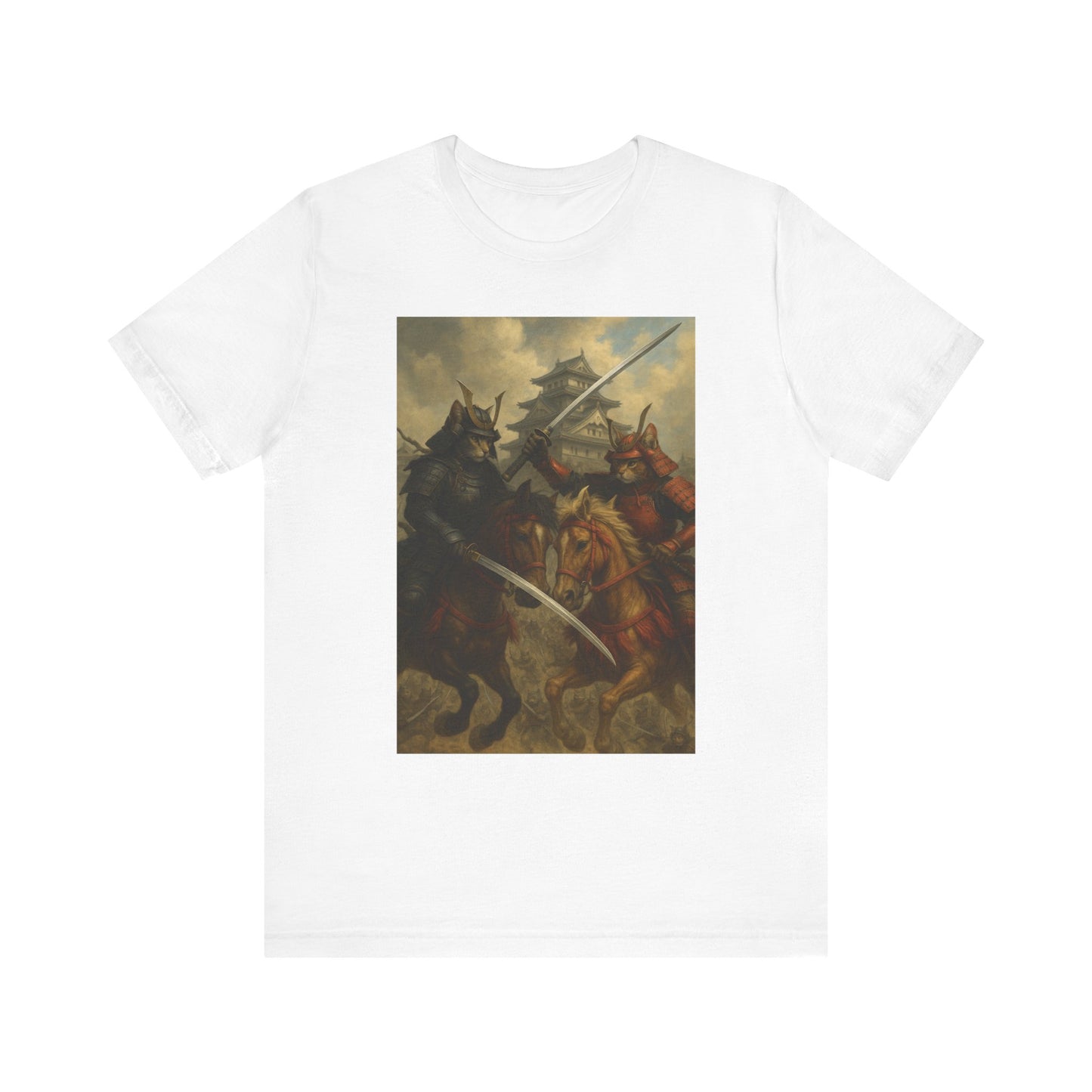 Epic Cat Samurai Battle Tee - War Horses Clash in Front of Japanese Castle  Feline Warrior Art Shirt for Fantasy & Japan Lovers