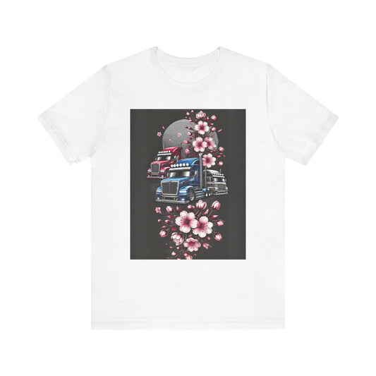Cherry Blossom Convoy T-Shirt | Japanese Sakura x Modern Truck Art | Unique Graphic Tee for Drivers & Streetwear Lovers No.005