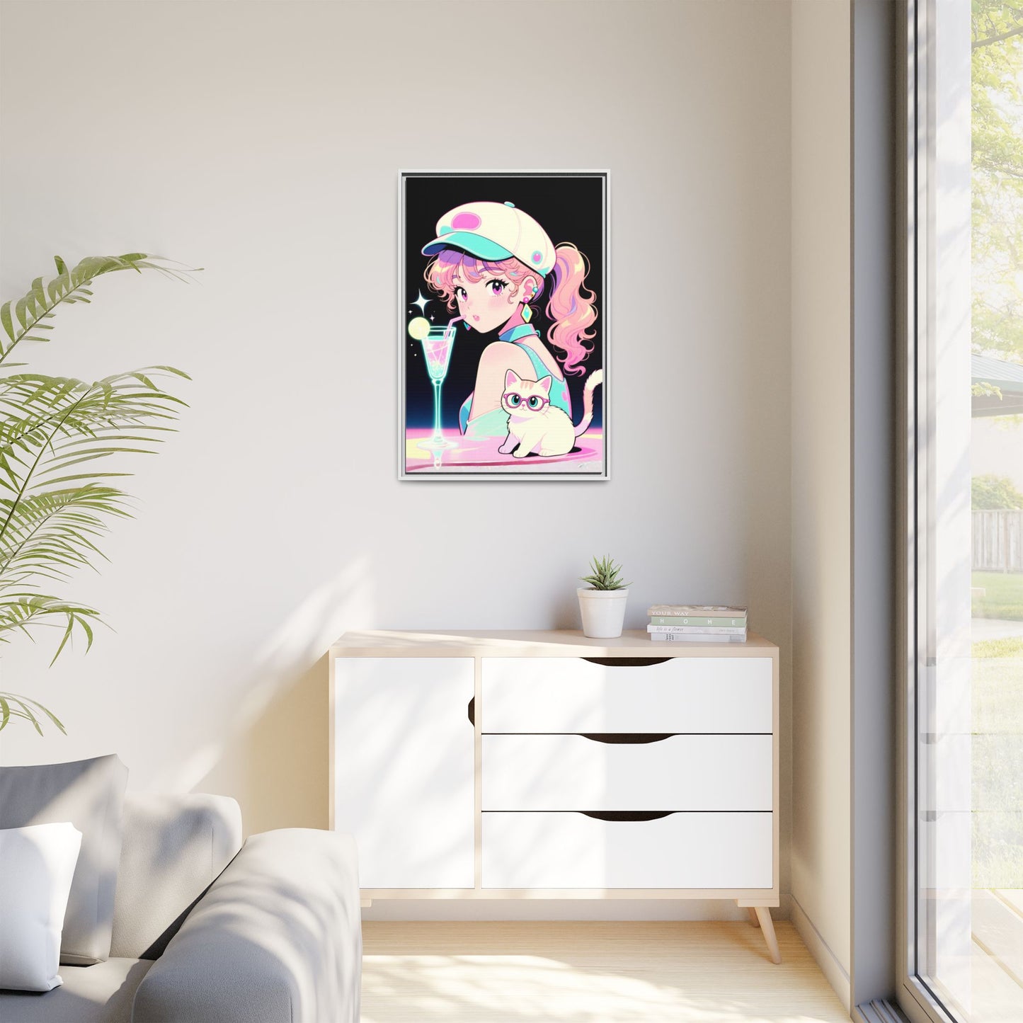 Retro Girl and Cat Canvas Vaporwave Pastel Anime Shoujo Wall Art Neon Cocktail Aesthetic Kawaii Gift for Daughter or Dad