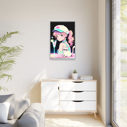 Retro Girl and Cat Canvas Vaporwave Pastel Anime Shoujo Wall Art Neon Cocktail Aesthetic Kawaii Gift for Daughter or Dad