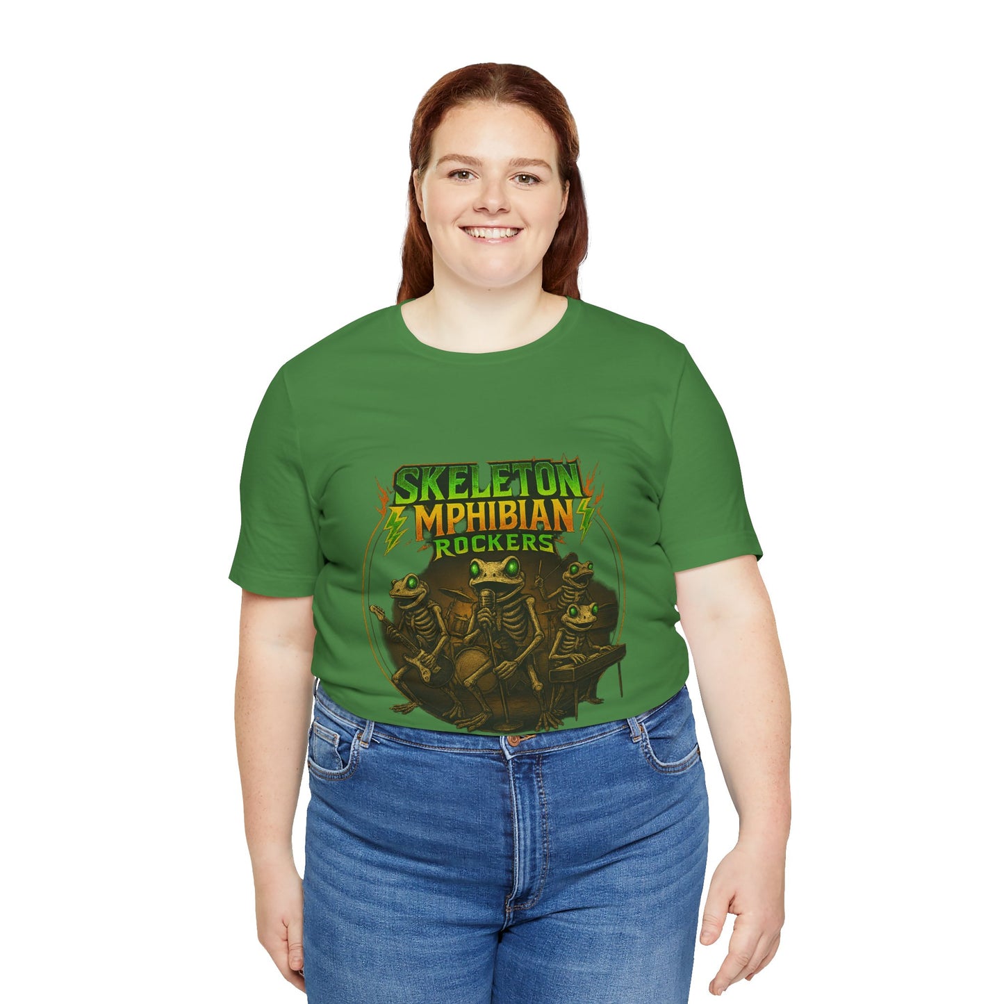Skeleton Amphibian Rockers Album Cover Tee - Green Eyed Skeleton Frog Band Vocal Guitar Piano Drums Rock Art Shirt