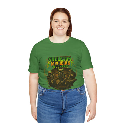 Skeleton Amphibian Rockers Album Cover Tee - Green Eyed Skeleton Frog Band Vocal Guitar Piano Drums Rock Art Shirt