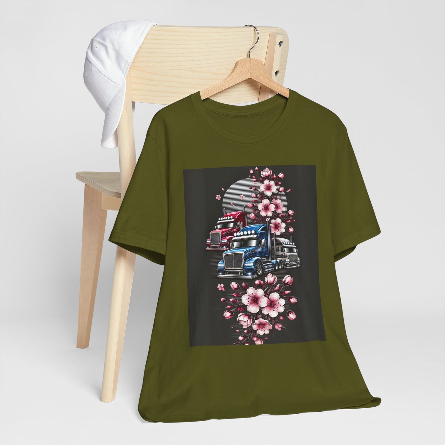 Cherry Blossom Convoy T-Shirt | Japanese Sakura x Modern Truck Art | Unique Graphic Tee for Drivers & Streetwear Lovers No.005