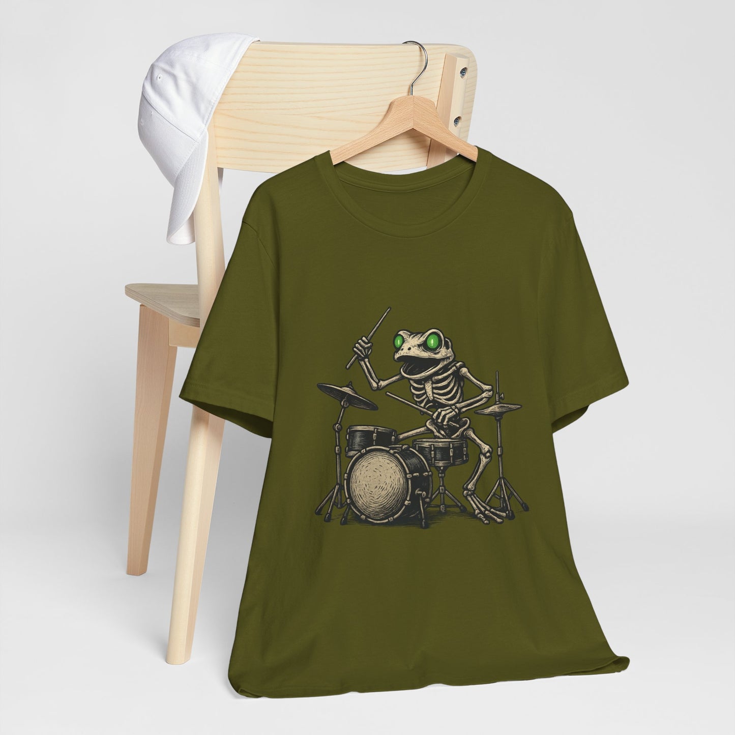 Skeleton Frog Drummer Shirt with Glowing Green Eyes Rock Band Art Tee for Musicians Frog Lovers Halloween and Concert Wear