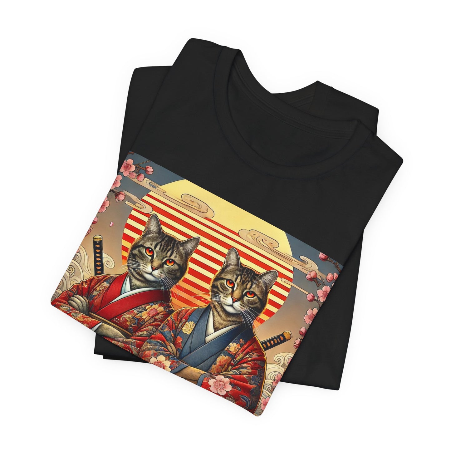 Samurai Cat T-Shirt - Floral Kimono Warrior with Katana | Japanese Ukiyo-e Style, Cherry Blossoms & Mount Fuji | Bold Cat Art Tee
